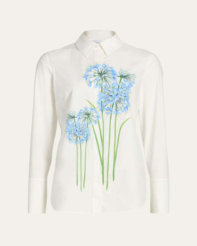 Allium-Print Cotton Stretch Button-Down Shirt